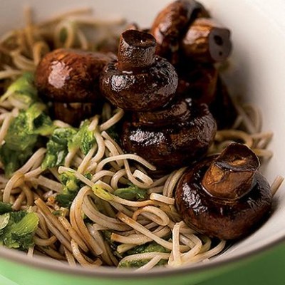 Soba noodles with soya-roast mushrooms and spring-onion vinaigrette
