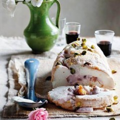 Soft meringue roulade with perfumed Turkish rose yoghurt and dates
