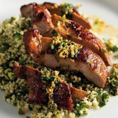Soya marinated pork fillet with minty tabbouleh and gremolata