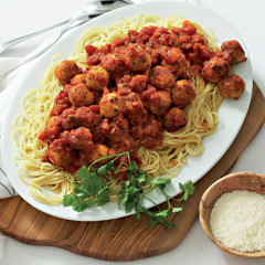 Spaghetti with chicken-Parmesan meatballs and red-pepper sauce