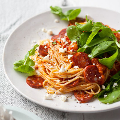 Spaghettini with cherry tomato, feta and chorizo sauce
