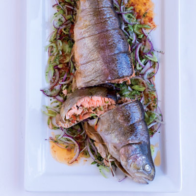 Spice-rubbed and stuffed whole roasted trout
