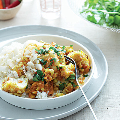 Spiced fish with cashews on coconut basmati rice