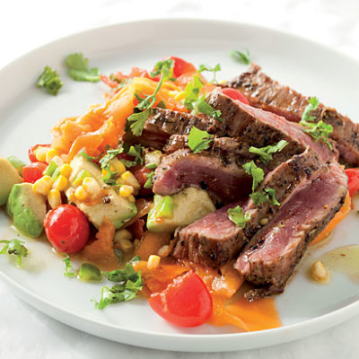 Spicy beef flank with corn and avo salsa