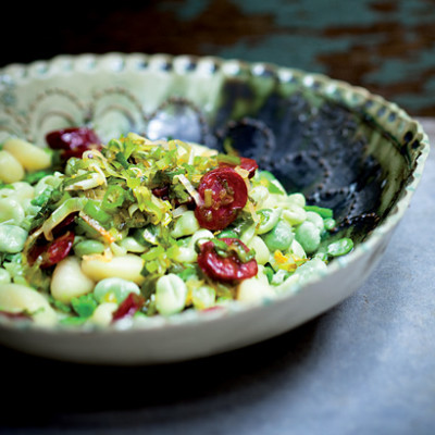 Spicy chorizo and gnocchi tossed with creamy smashed broad beans