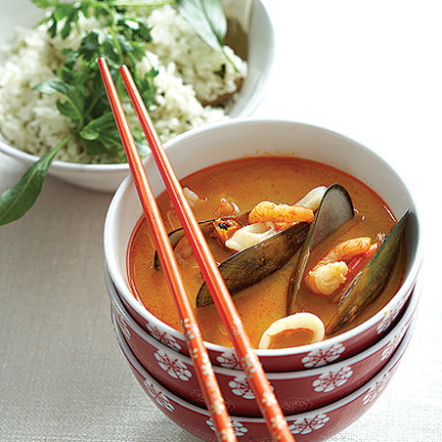 Spicy seafood broth with herbed coconut jasmine rice