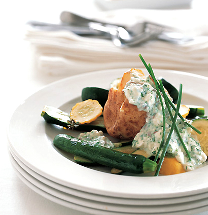 Steamed Mixed Marrows With Cottage Cheese And Yoghurt Topping