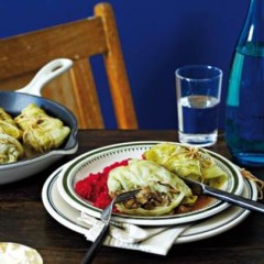 Steamed mushroom cabbage rolls with beetroot risotto