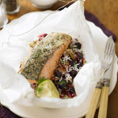 Steamed salmon with spiced beetroot and dill