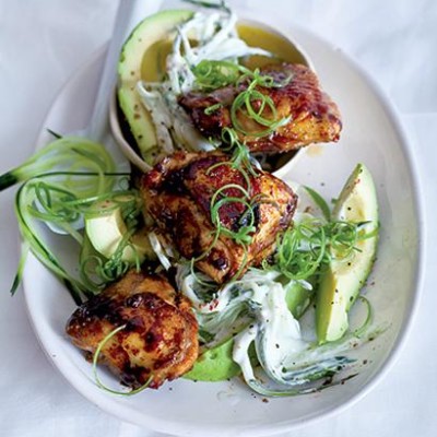 Sticky chicken thighs with avocado and cucumber-and-dill tzatziki