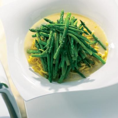 Stir-fried asparagus and angel-hair pasta in lemony broth