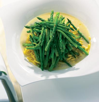 Stir-fried asparagus and angel-hair pasta in lemony broth | Woolworths TASTE