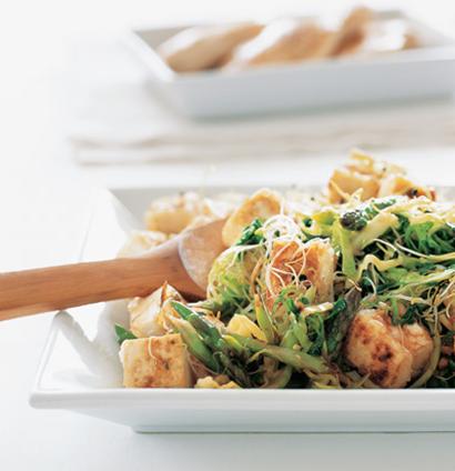 Stir-fried asparagus and tofu on brown rice recipe | TASTE