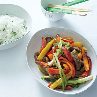 Stir-fried beef with sweet peppers and coriander rice
