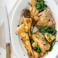 Succulent roasted thyme chicken with sweet maple parsnips and wilted rocket