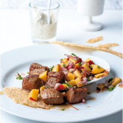 Succulent steak, nectarine and red-onion salad with Parmesan crisps