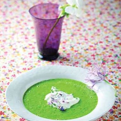 Summer broccoli soup with flower-scattered lemon yoghurt