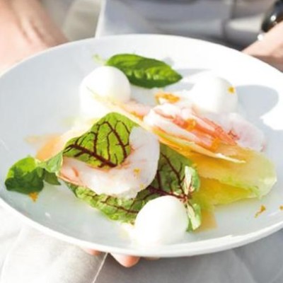 Sweet melon shavings and coral prawns served with balls of lime sorbet