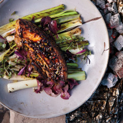 Sweet miso pork belly with charred leeks