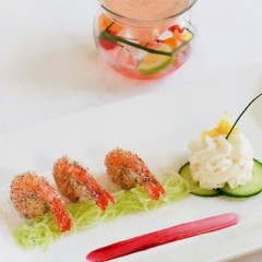 Tanqueray no. ten deglazed prawns with coconut crumbs and pina colada mousse
