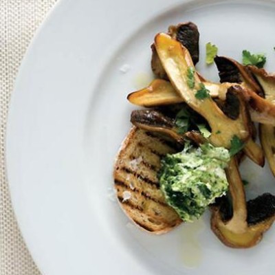 Toasted bruschetta with porcini mushrooms and parsley creamed feta