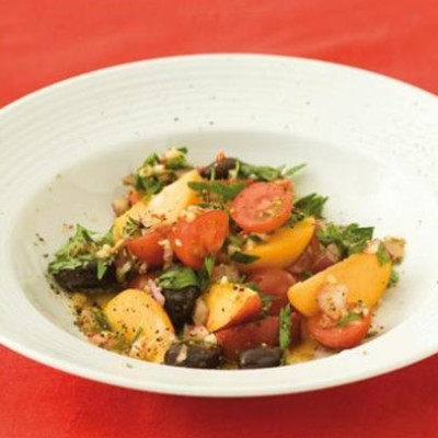 Tomato, olive, peach and parsley salsa