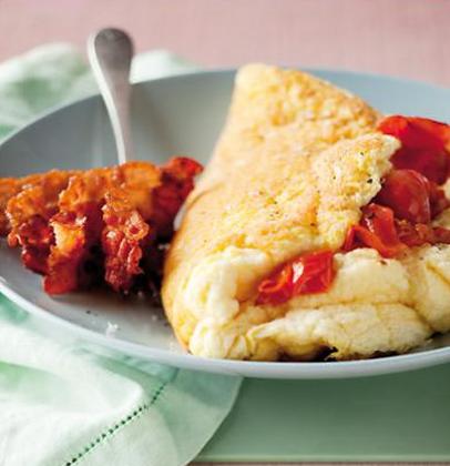 Traditional six-egg omelette with crisp bacon and panfried cherry tomatoes | Woolworths TASTE