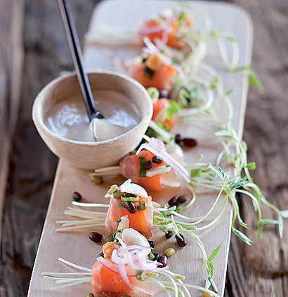 Trout sashimi, mung, aduki and black urad salad with tahini dressing | Woolworths TASTE