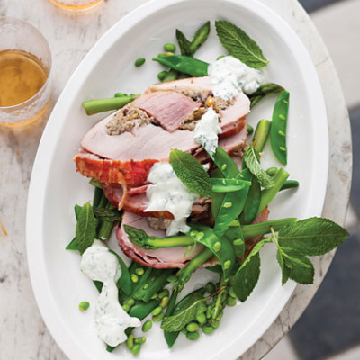 Turkey-and-gammon roast with summer greens