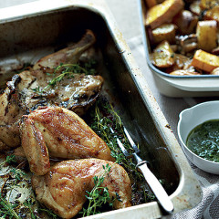 Upside-down roast chicken with farm-style vegetables