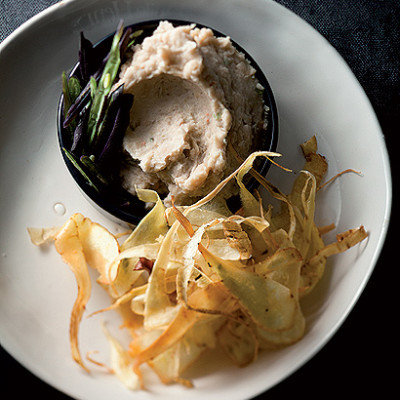 Warm cannellini bean dip with parsnip chips