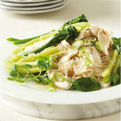 Warm chicken and rice noodle salad