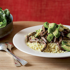 Warm couscous, beef and avocado salad