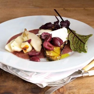 Warm roasted brinjal and pear salad with olive, red basil and rosemary cream