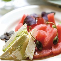 Watermelon and feta salad with basil-infused oil
