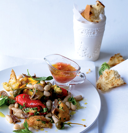 White bean panzanella salad with tomato dressing, caperberries and anchovies | Woolworths TASTE