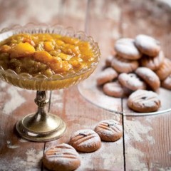 Yellow sugared pear butter with shortbread orange drops