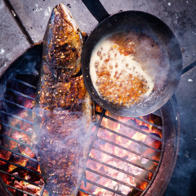 Yellowtail on the coals with sticky apricot vanilla and ginger glaze