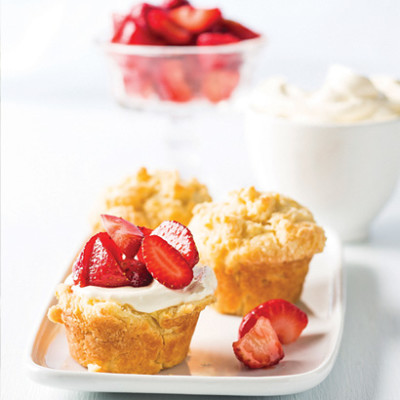 Yoghurt muffins with warm sticky strawberry preserve