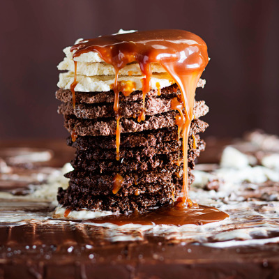 Chocolate-and-coconut ombre stack with butterscotch sauce
