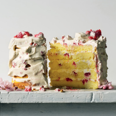 Gluten-free raspberry cake with creme fraiche icing