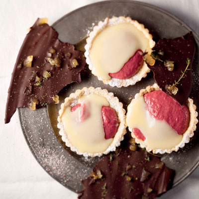 Raspberry, rose and chocolate tartlets with a savoury bark