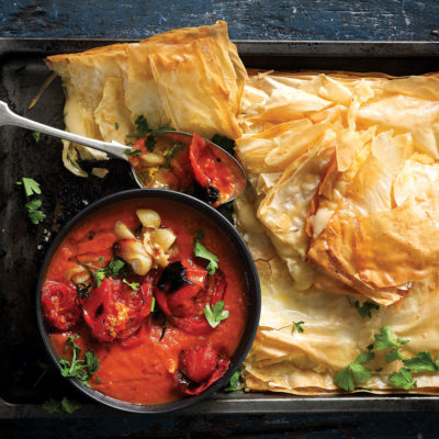 Roast tomato soup with cheesy phyllo sandwiches