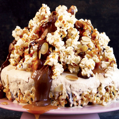 Chocolate caramel popcorn ice-cream cake