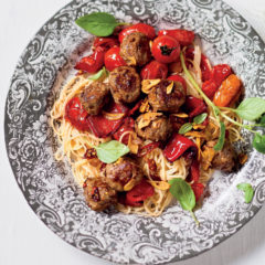 Beef meatballs and linguine with roast peppers and basil