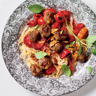 Beef meatballs and linguine with roast peppers and basil