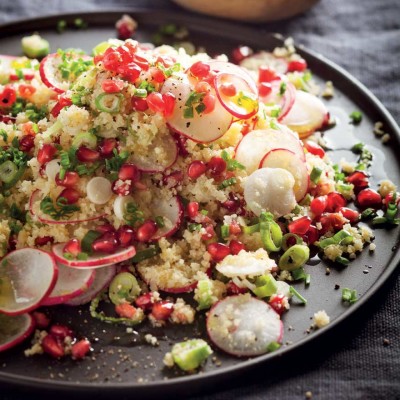 Jewelled cauliflower rice tossed with spring onion, radishes and pomegranates
