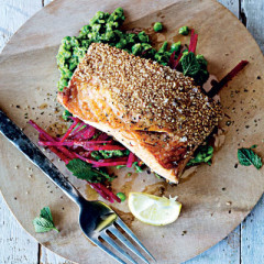 Sesame-crusted seared salmon with crushed minted peas and beetroot