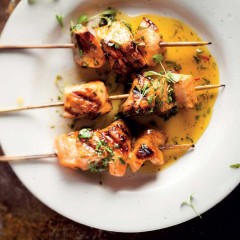 Sticky soya chargrilled salmon skewers