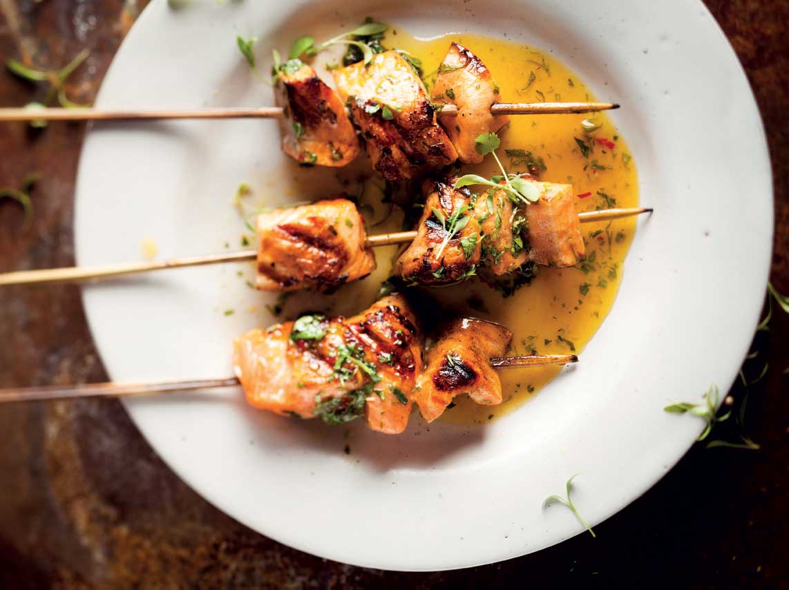 Sticky soya chargrilled salmon skewers | Woolworths TASTE